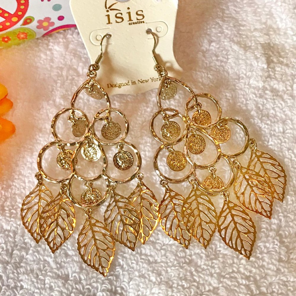 Long Boho Earrings Leaf Goldtone Drop Dangles NWT